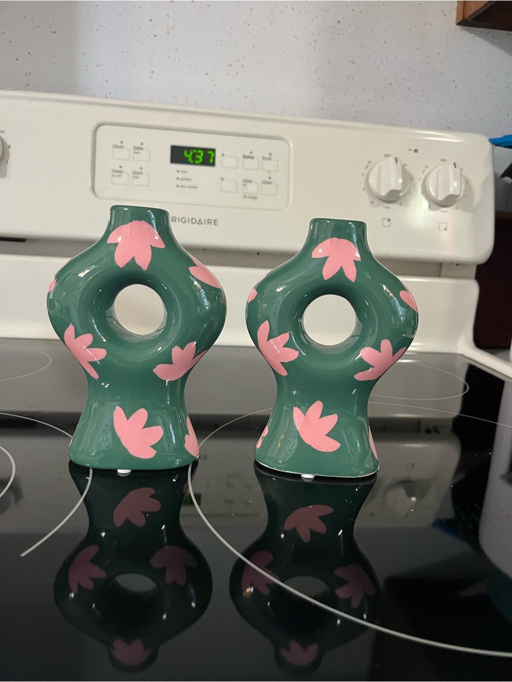 Green Ceramic Candle holder with Pink Floral Motif - Pair